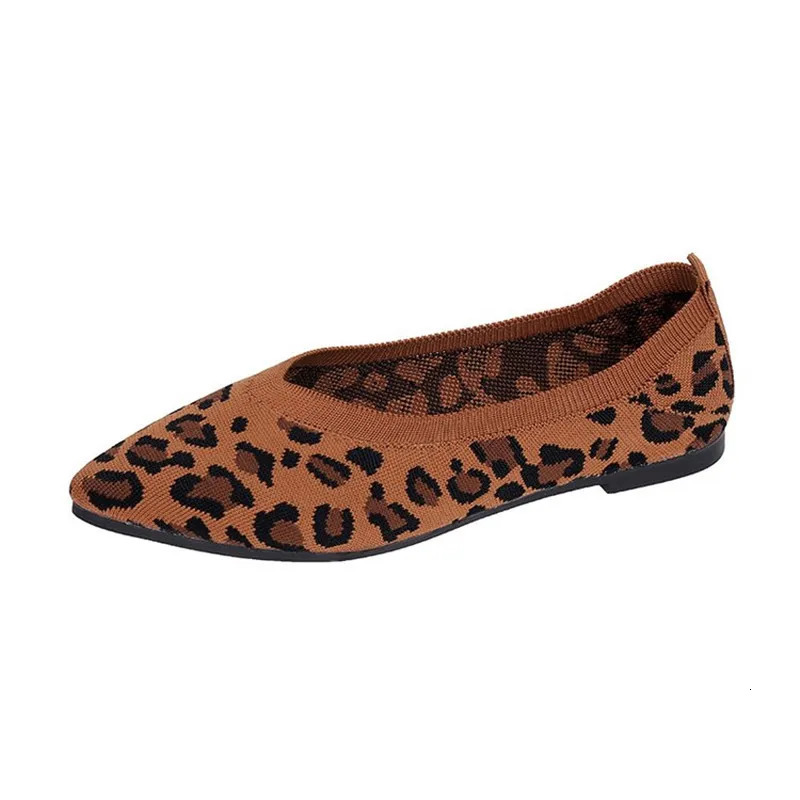 Elegant Houndstooth Knitted Ballet Flats Woman Point Toe Mesh Moccasins Ladies Big Size Leopard Loafers Soft Driving Shoes 250421
