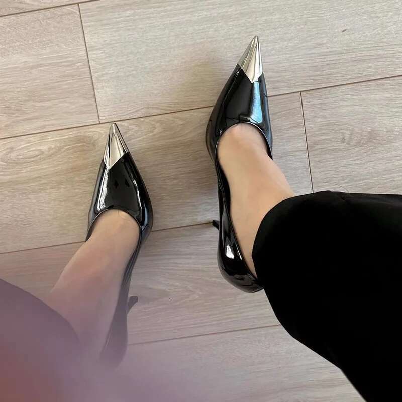 Quality Brand Women High Fashionable Ladies Elegant Shoes Pointed Metal Stiletto Heels Dinner Party Shoe