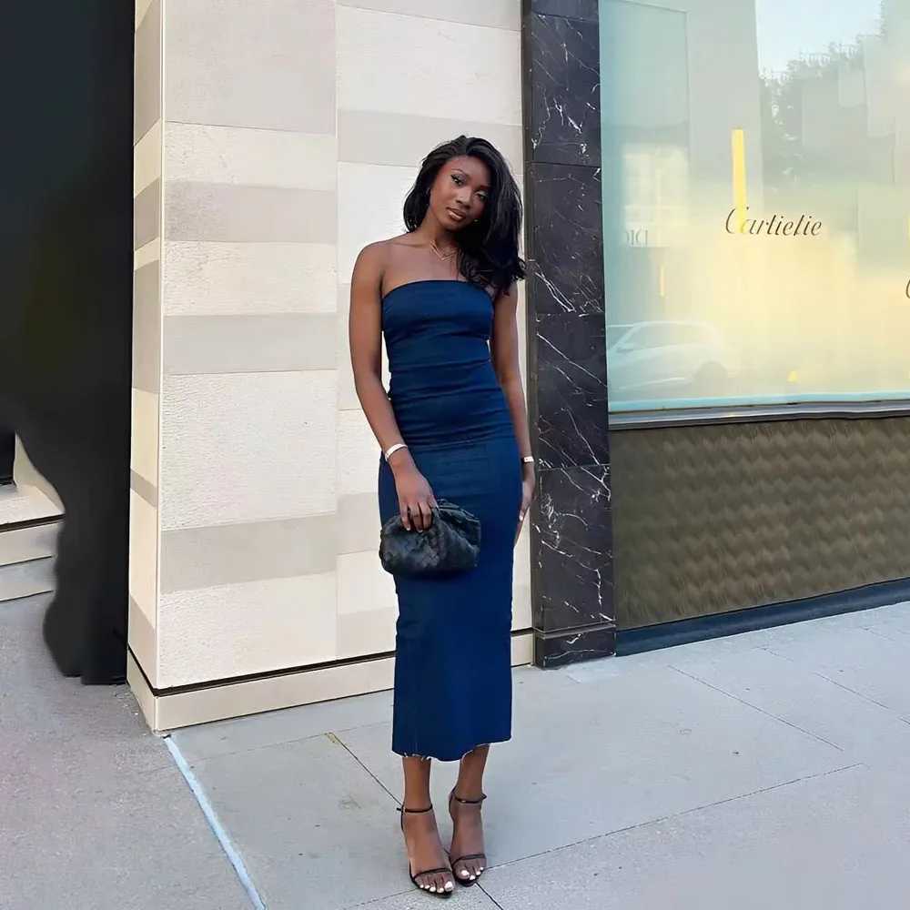 Shoulder denim dress womens blue tight corset long dress womens Midi Bodycon dress womens 2024 elegant party dress W250430