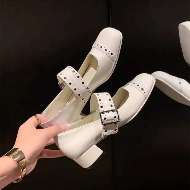 Quality Women Med Toe Ankle Buckle Square High Heels Dress Party Female Mary Janes Pumps Casual Shoes