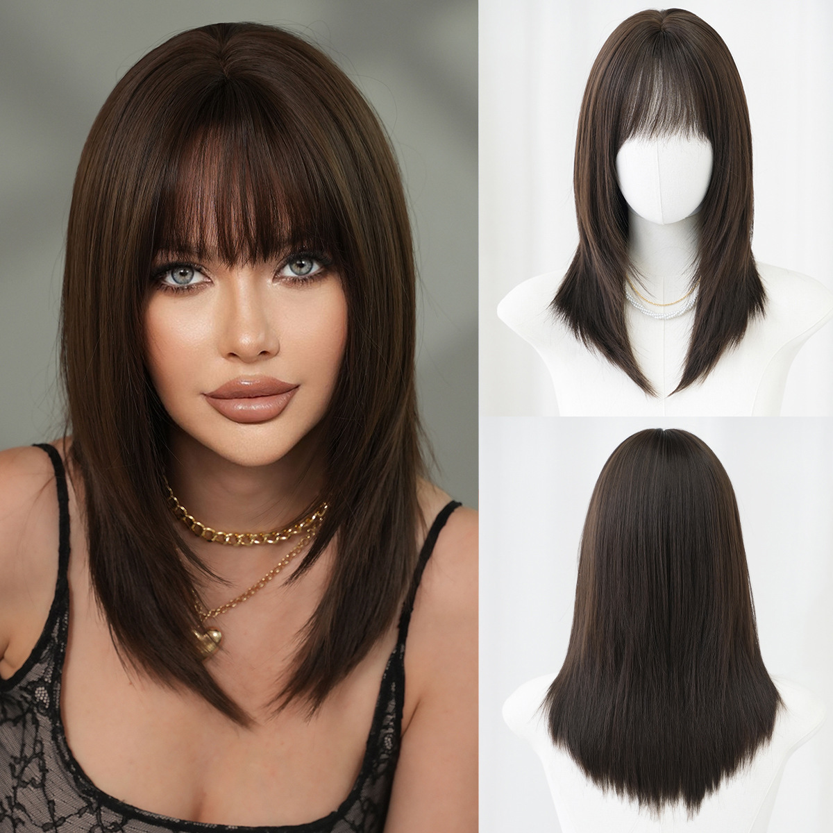 for Wig women chest length black brown high level straight hair air bangs medium to long high-quality wig full top