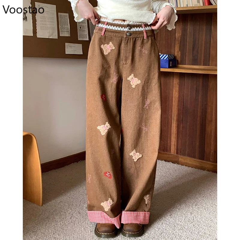 Harajuku Y2k lace high waisted jeans for women sweet cartoon bear embroidery plain weave wide leg denim pants 250423
