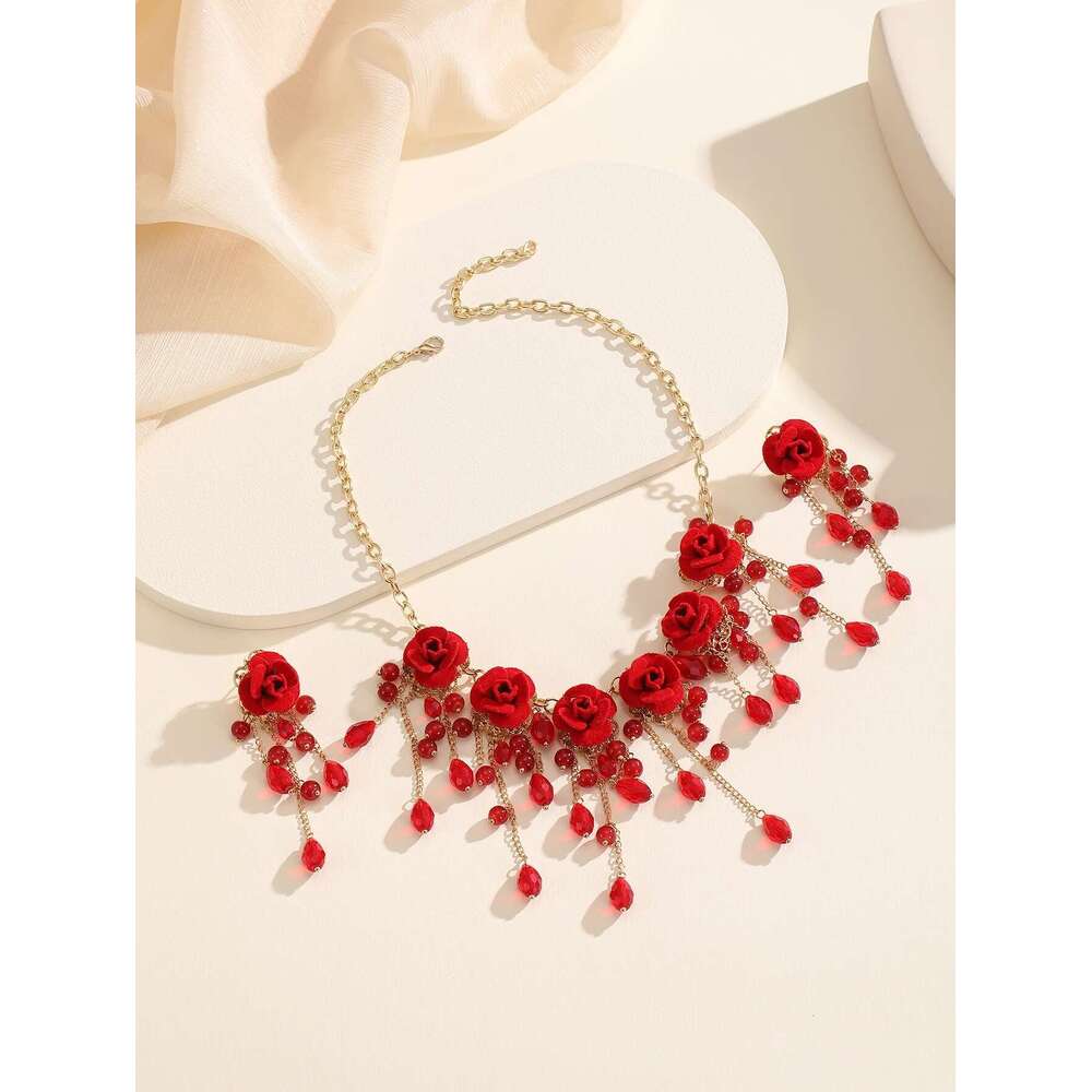 3Pcs/Set Elegant Vintage Red Rose Crystal Tassel Pendant Necklace And Earrings Romantic Jewelry Set, Zinc Alloy, Stainless Steel
