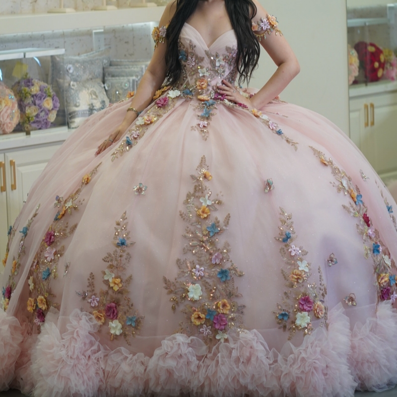 Pink Quinceanera Dresses Off Shoulder Ball Gown Sweet 16 Dress Applique Flower Beads Tiered Tull Birthday Party Vestidos 15 Anos