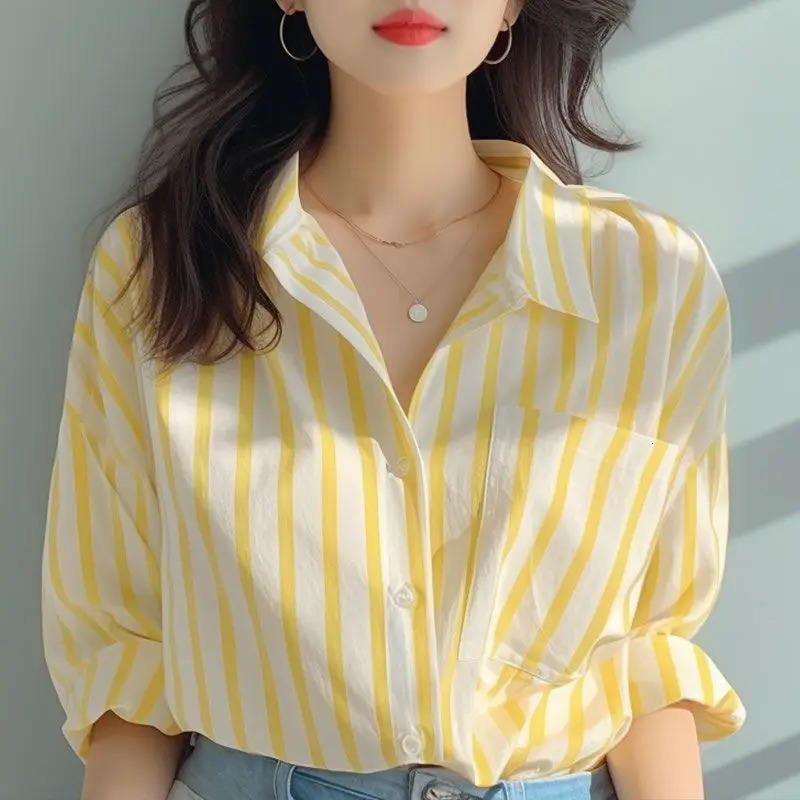 Striped womens shirt Korean style long sleeved top casual autumn fashion 2024 lapel pocket dress 250422