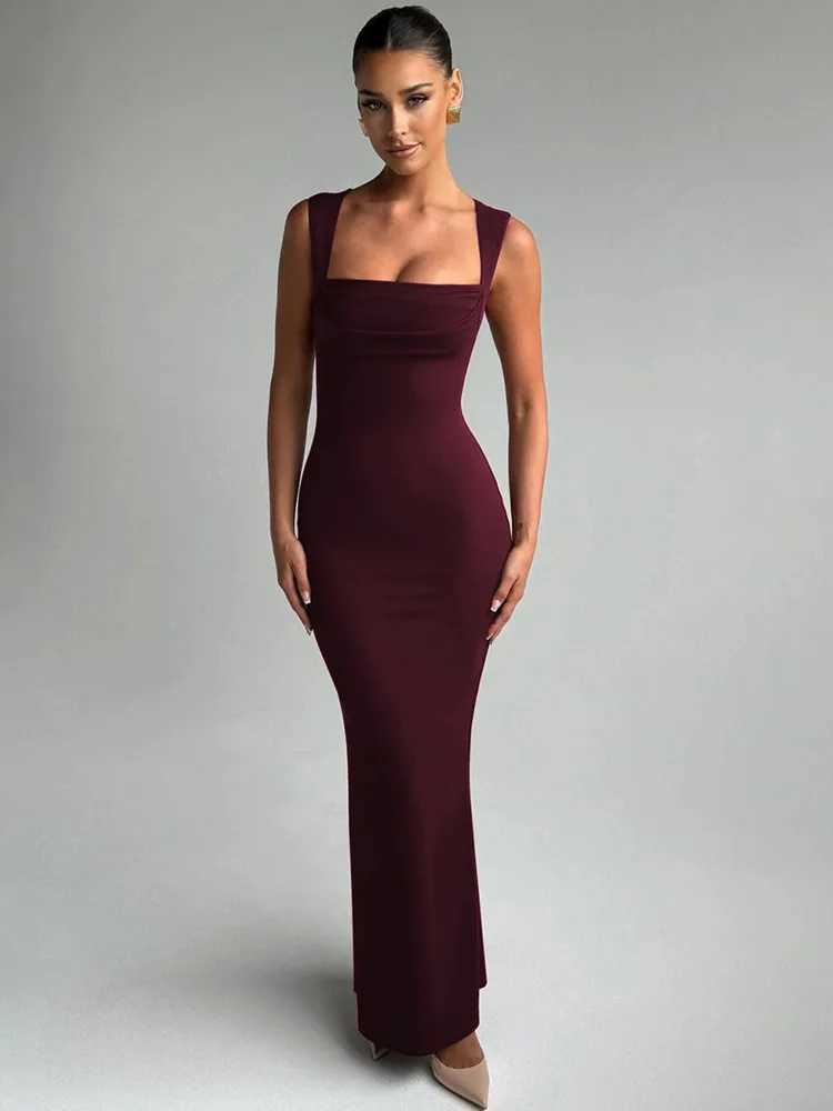 Mozision Square collarless sexy womens long dress fashionable spring and summer new high waisted Bodycon club party long dress W250430