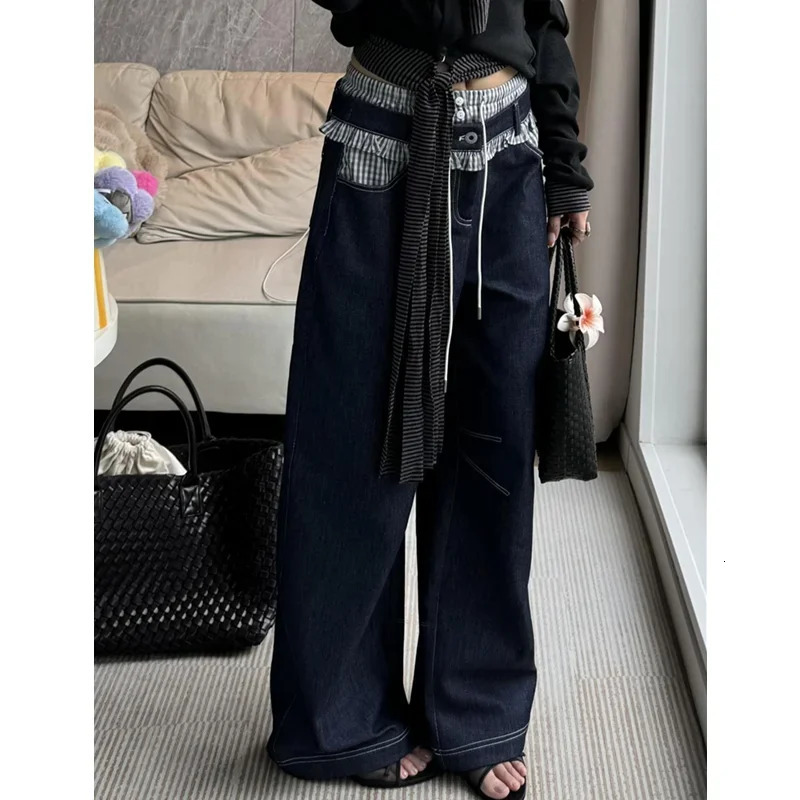 American retro plain patchwork jeans for women high waisted retro straight pocket denim jeans denim pants 250423