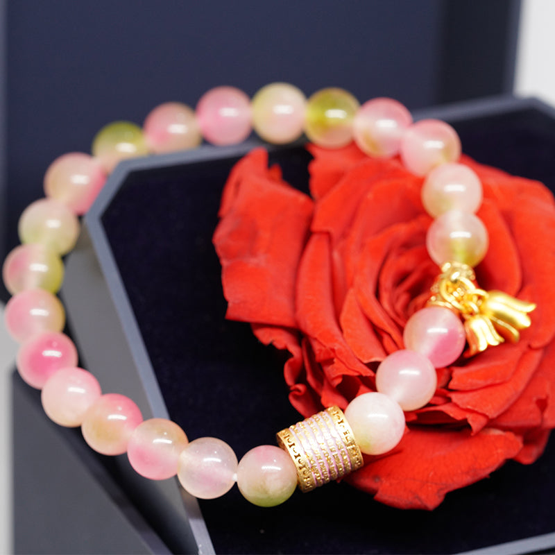 Five Mantra Crystal Bracelet -Peach Chalcedony Stone for Love & Happiness, Spiritual Boho Jewelry for Women