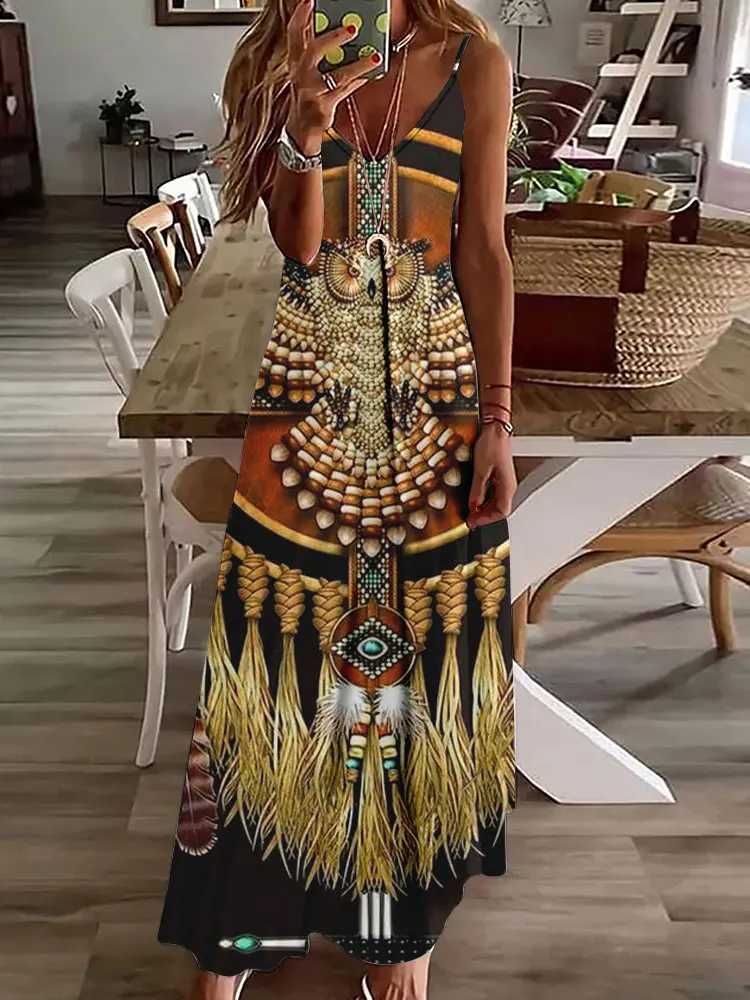 2024 new 3D owl retro printed sleeveless vest for women with tribal pattern spaghetti shoulder strap dress summer long loose vest W250430