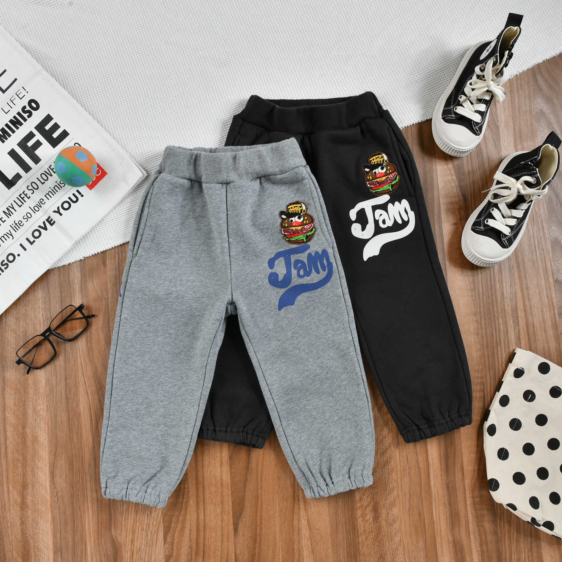 Jam Autumn and Winter Childrens Clothing with Plush Pants for Boys and Girls Trendy Embroidery Printing Washing and Plush Casual Ankle Pants Y250430L0