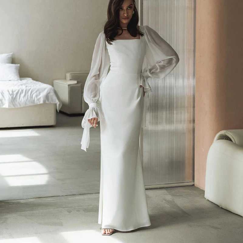 White office womens fashionable ultra-thin square neckline long sleeved ankle length dress spring womens clothing dress W250430