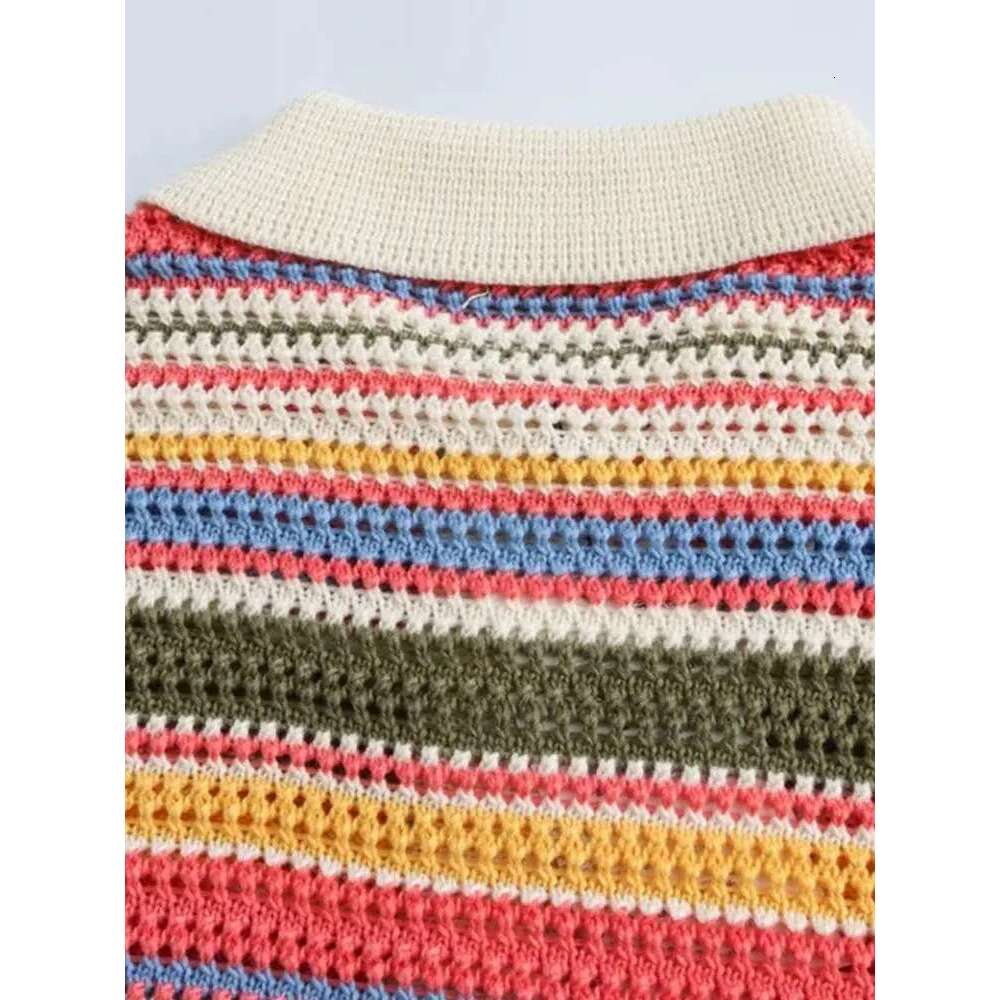 Trza-Women's Striped Crochet Knit Crop Sweater, Polo Collar, Short Sleeve, Button-Up, Female Outerwear, Chic Tops, Fashion