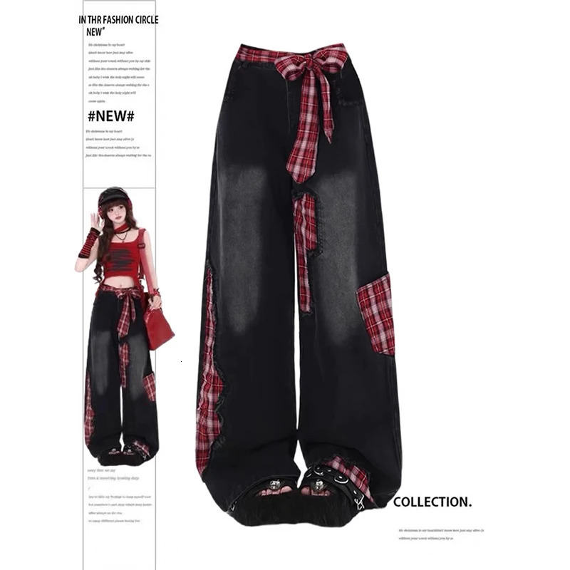 Female Trendy Jeans Grunge Japanese Harajuku Y2K Bagged Denim Pants Netpunk Hip pop 2000s Aesthetic Plain Patchwork Trouser Tomboy 250423