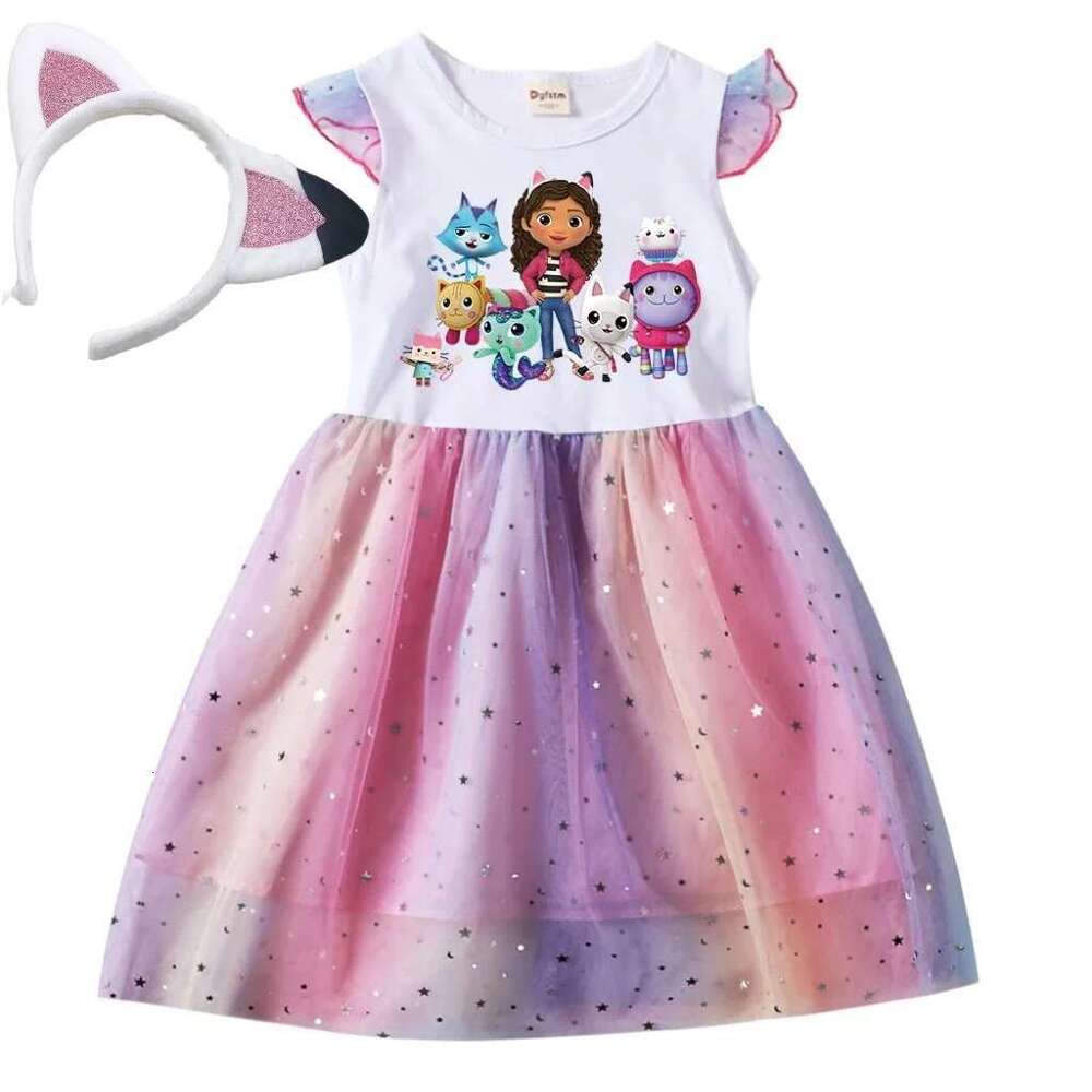 Baby Girls Children Cartoon Mesh Star Sequins Princess Dress Kids Flying Sleeve Skirt For Daily Halloween Birthday Gift