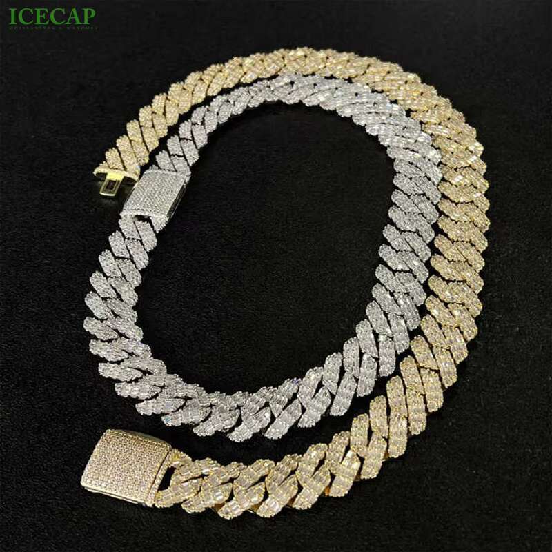 18mm Custom Baguette Pass Diamond Tester Iced Out DVVS Moissanite White Gold 925 Silver Chain Necklace Miami Cuban Link Chain