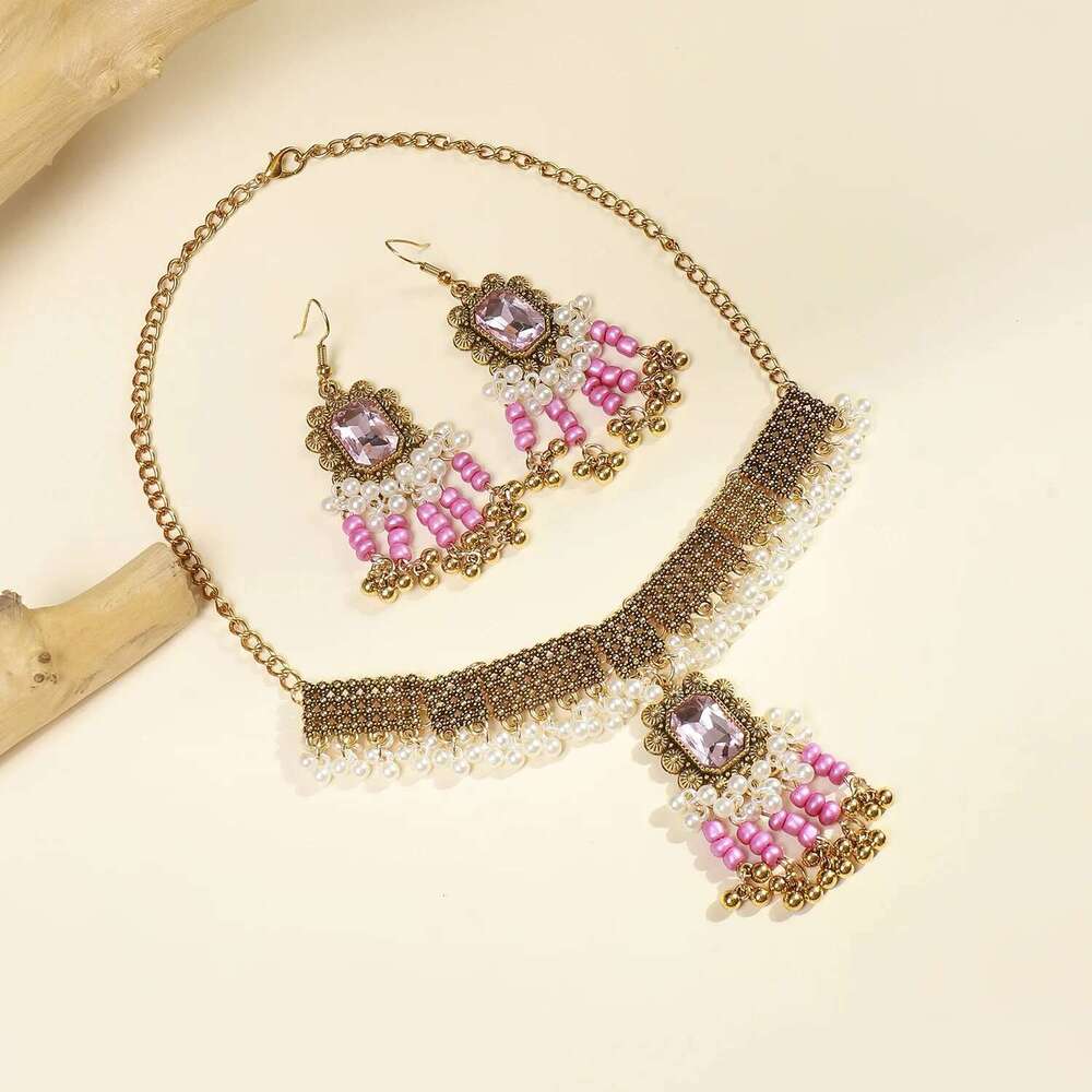 Bohemia Ethnic Pendant Necklace Earrings Set For Women Indian Bollywood Golden Square Zircon Beaded Tassel Jewelry Sets