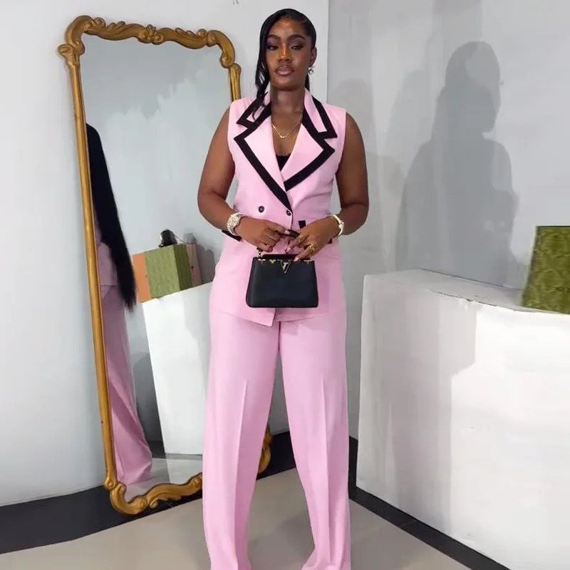 Pants set womens twopiece matching work elegant double chest top vest wide leg pants high waist Y2k pink 250530