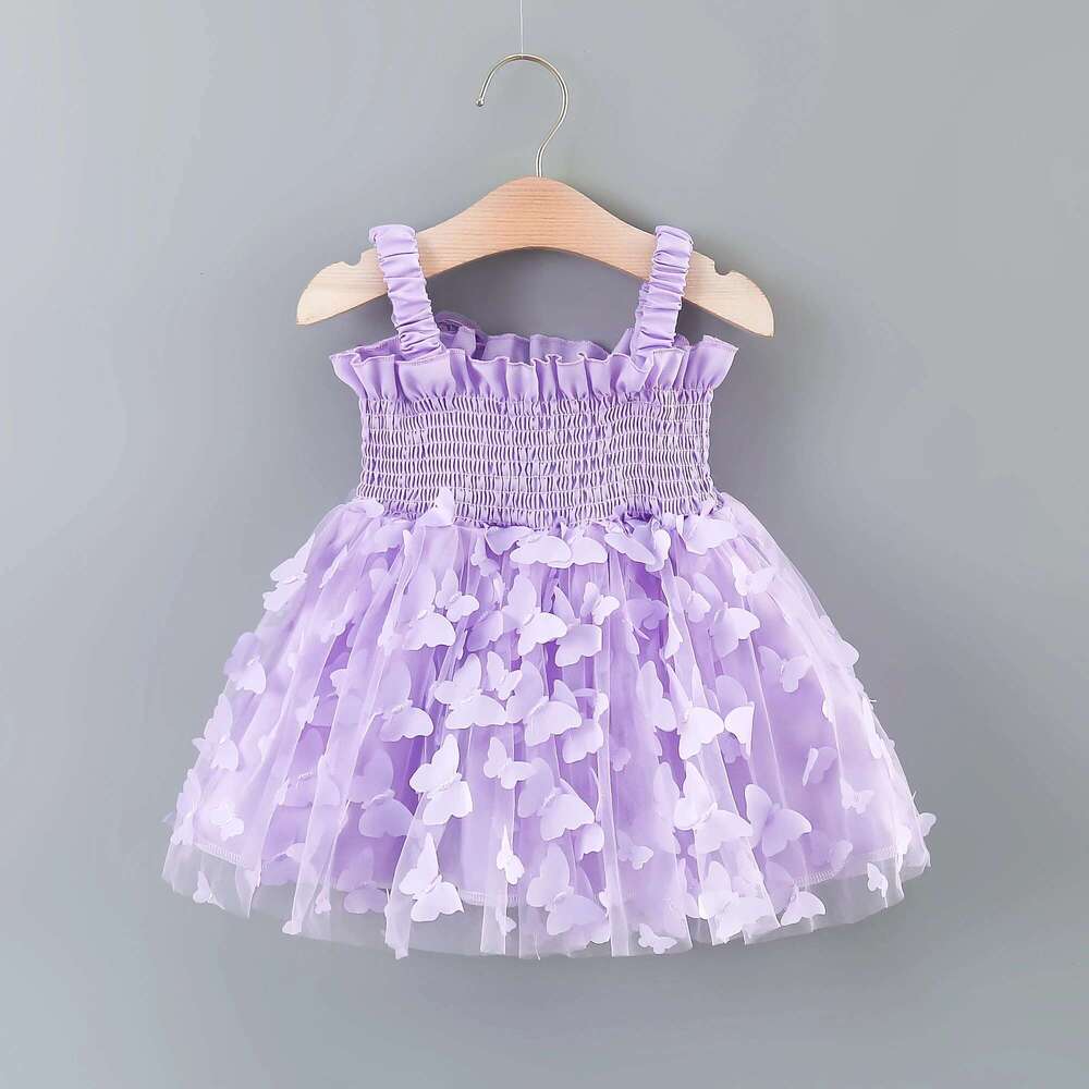 Girls' New Summer With Large Wings On The Back Drawstring Waist Mesh Colorful Butterfly Princess Dress Party