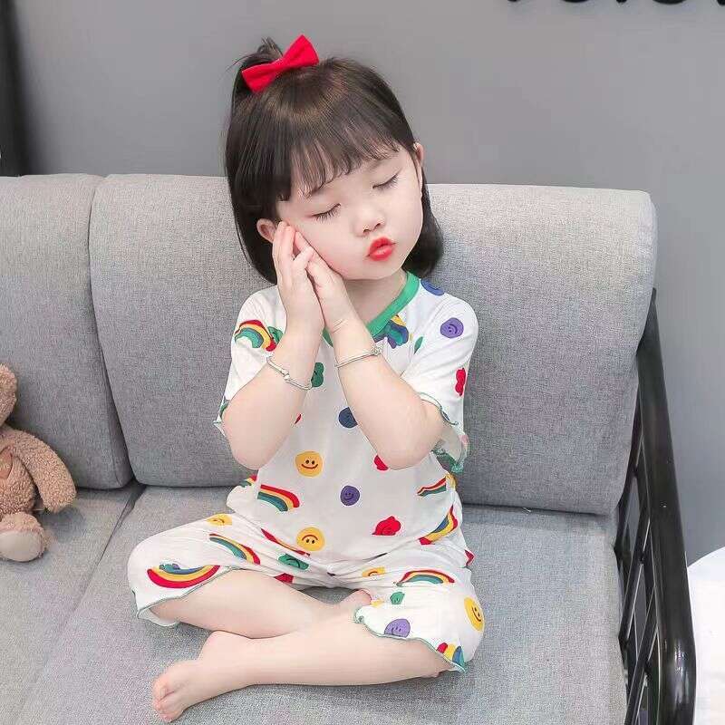 Ice Silk Soft Children's Pajamas Thin Style Baby Girl Western Korean Version Short Sleeved Home Girls Summer Air-Conditioned Clothes