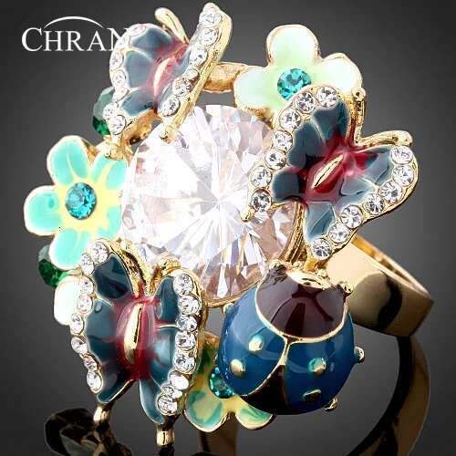 CHRAN Gold Color Ladybug Design Zircon Jewelry Wholesale Crystal Enamel Butterfly Pattern Flower Rings For Women