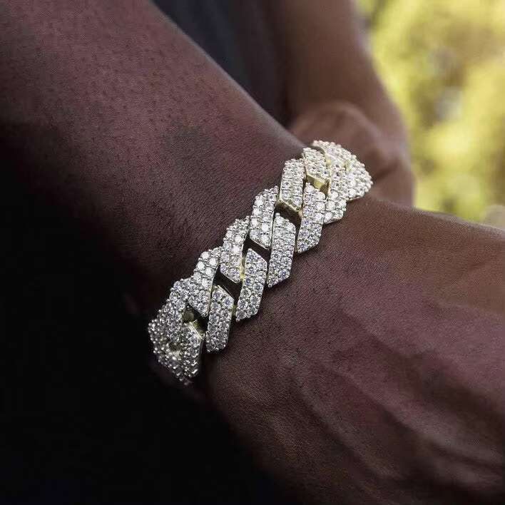 Hip Hop Gold Plated Link Bracelet Jewelry 19MM Diamond Cuban Prong Bracelet Mens Miami Iced Out Diamond Chunky Cuban Bracelet