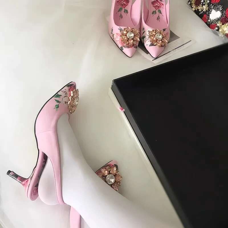 Fashion Slingback High Heels Hollow Pointed Rose Women Sparkling Crystal Sandals Wedding Dress Shoes