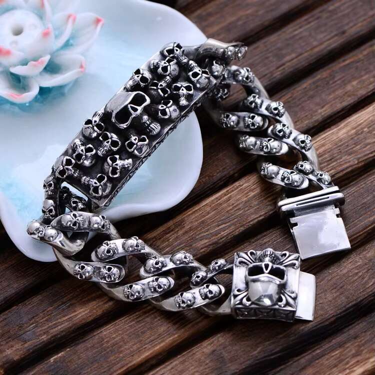 925 Sterling Silver Skull Bracelet for Men Thai Silver Punk Hip Hop Personality Bracelets