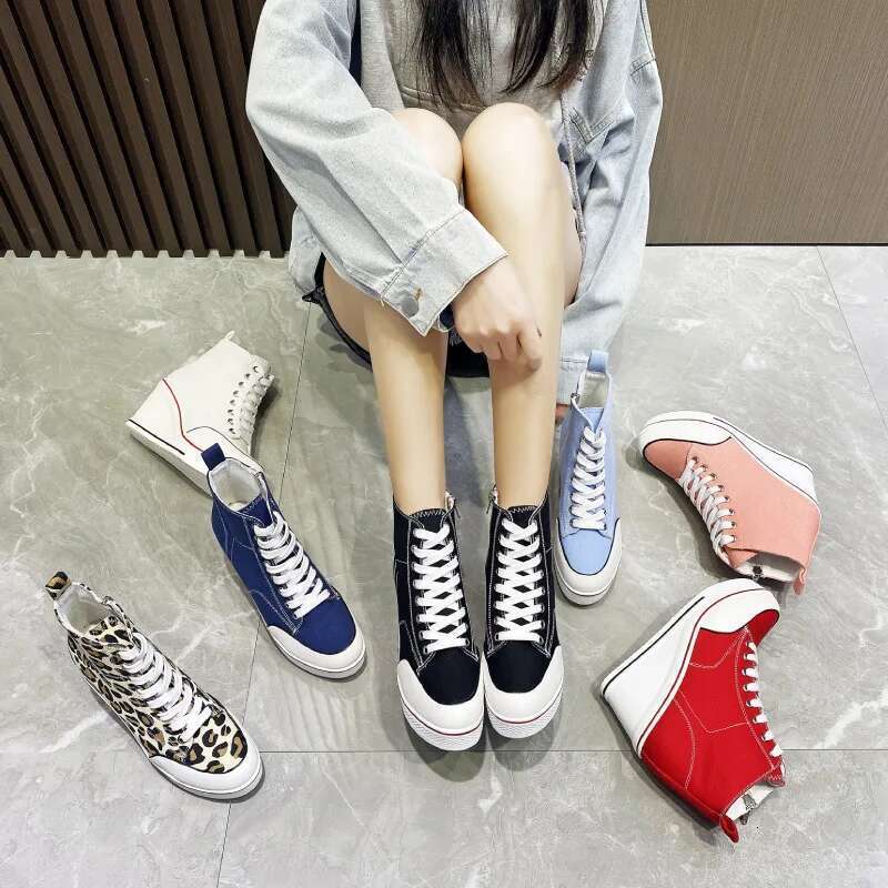 Spring and autumn heightened thick sole high-top solid color canvas casual large-size waterproof platform flat women shoes