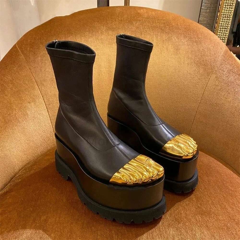 New Gold Five Finger Ankle Thick Sole Catwalk Over The Knee Novel Design Shoes Long Elastic Tight Boots Women