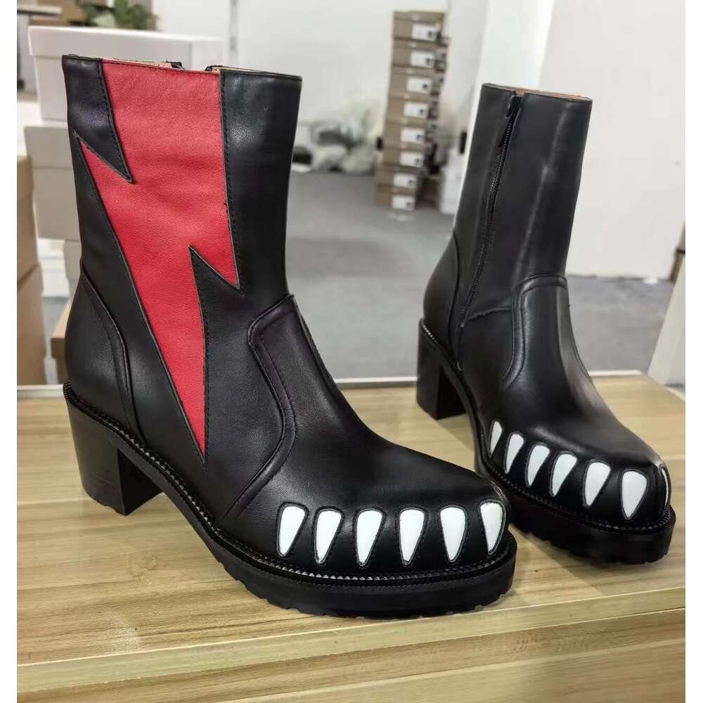 Street Style Printed Teeth Chunky Heel Men Round Ankle Boots Comfortable Casual Fashion Thick Soled Shoes