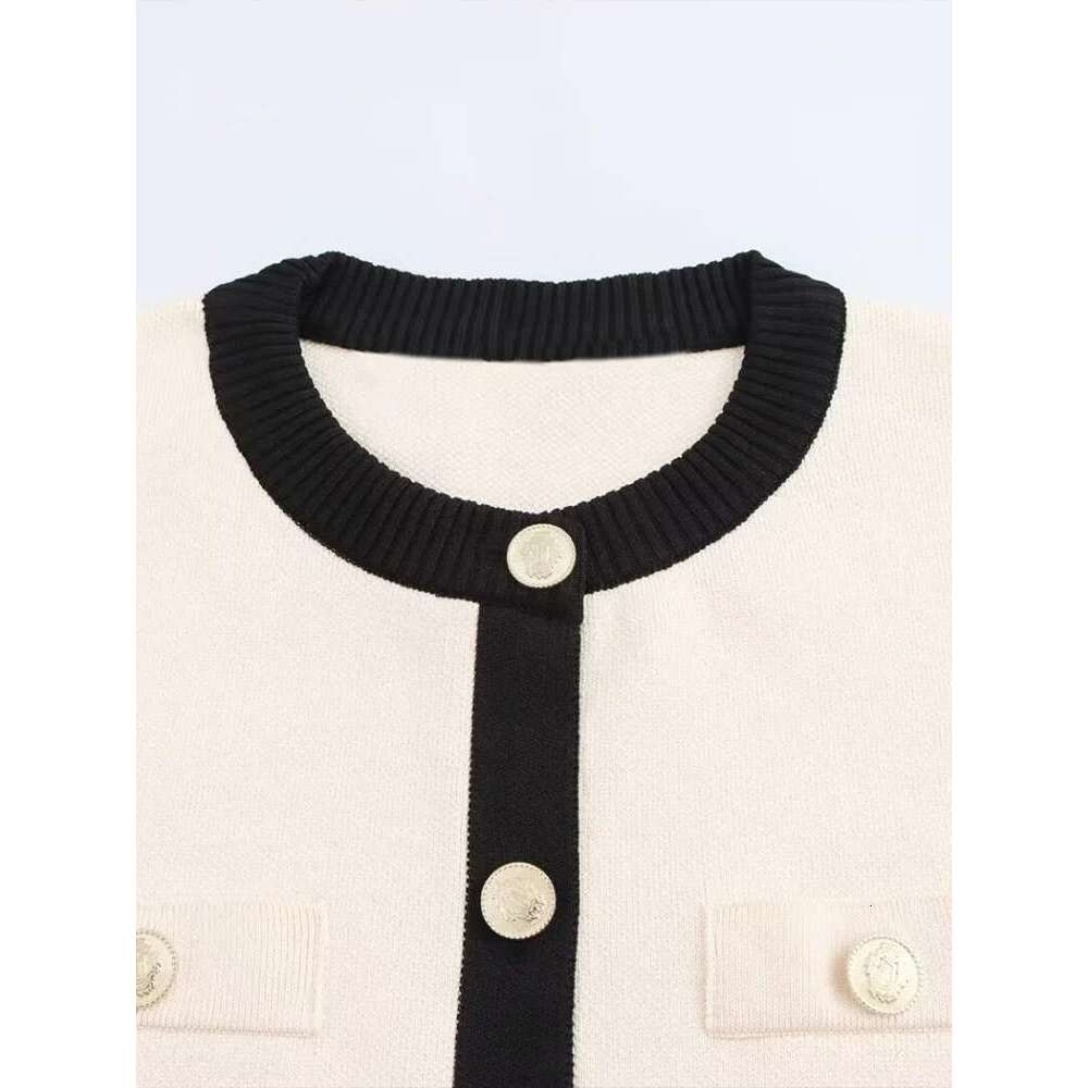 Fashionable and simple women's clothing new contrast color trim sweater cardigan long sleeve round neck knitted jacket