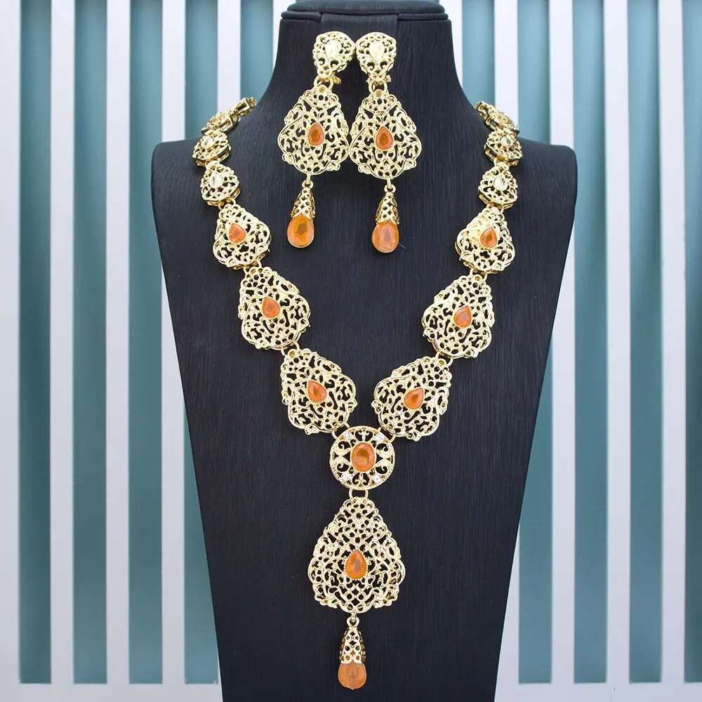 Sunspicems Chic Arabic Bridal Earring Necklace Morocco Wedding Jewelry Sets For Women Gold Color Hollow Water Droplets Pendant