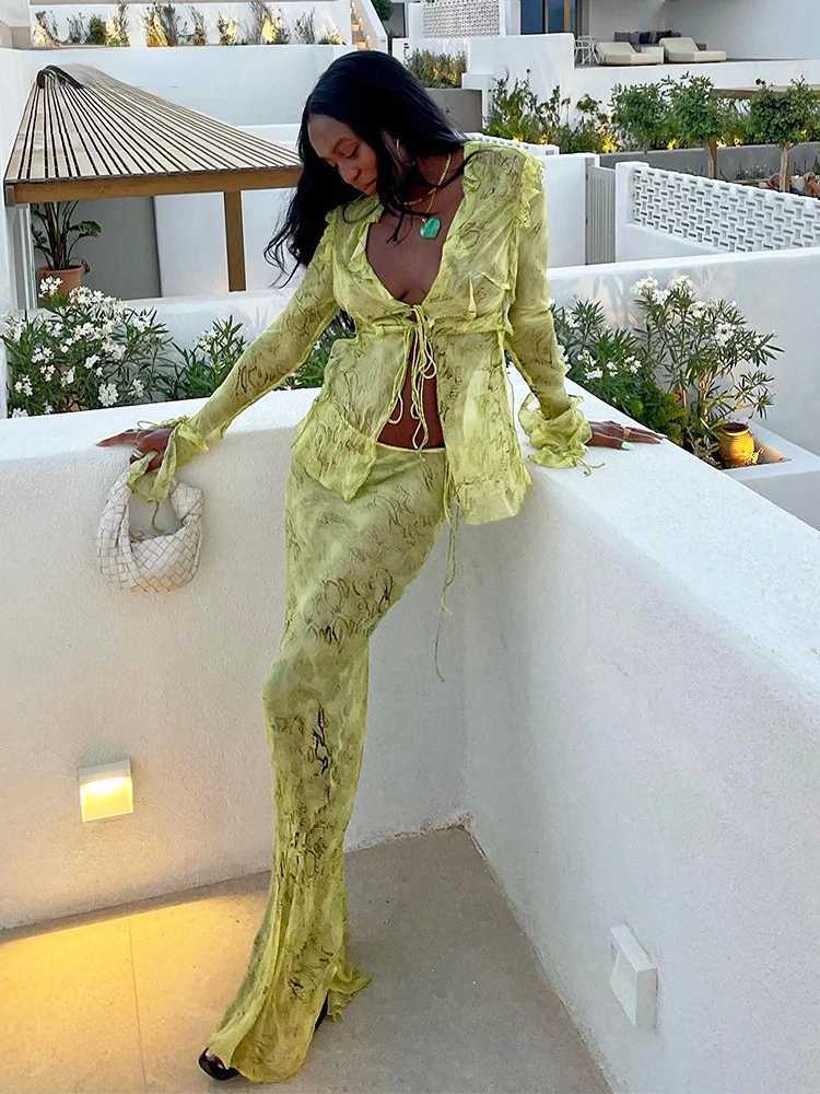 Printed Y2K mesh long sleeved top in green and Maxi Skirt Bodycon sexy two-piece beach set for womens club W250430