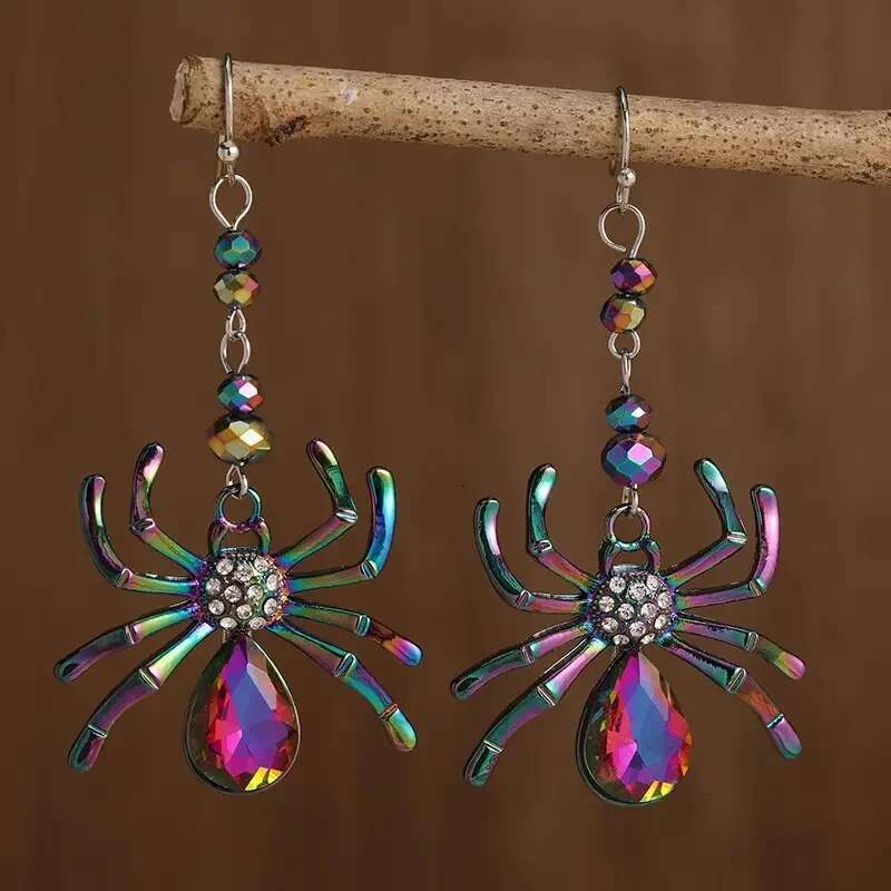 Colorful Spider Design Shiny Artificial Crystal Inlaid Dangle Party Punk Style Sier Color Jewelry Halloween Earrings