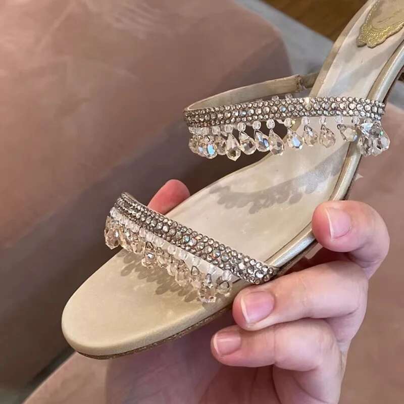 High Quality Shoes Rhinestone Slippers Thin Strap Block Heel Sandals Sexy Open Highheel Fashion Designer Women Shoe