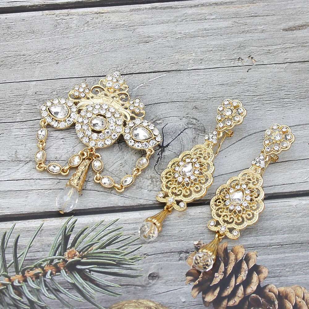 Neovisson Fashion Style Moroccan Brooch Earring Set For Delicate Women Gold Color Pink Blue Crystal Arabi Shining Bridal Gift
