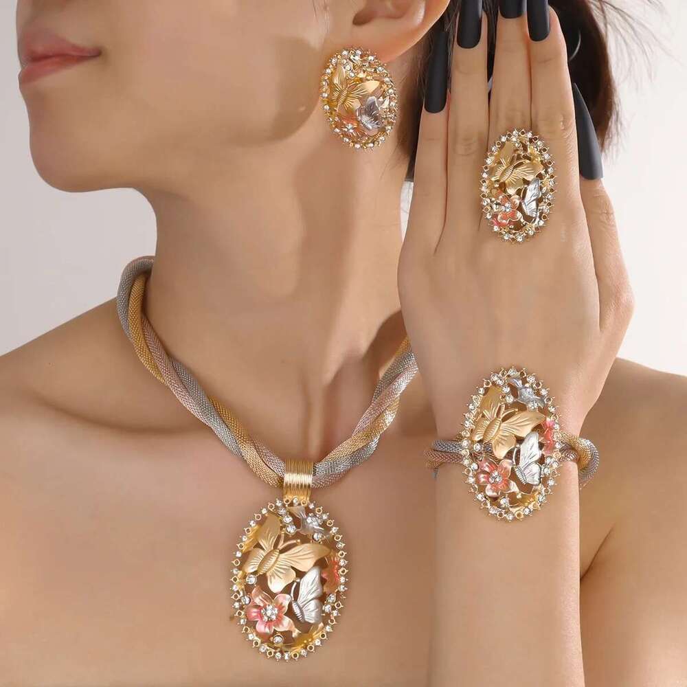 Butterfly African Necklace Dubai Gold Plated Jewelry Set For Women Wedding Bridal Travel Party Bracelet Earrings Ring