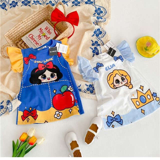 Girl's T-Shirt 2025 Summer New Edition Elsa Snow White Runaway Princess Little Flying Sleeve Printed Baby Dress Stylish