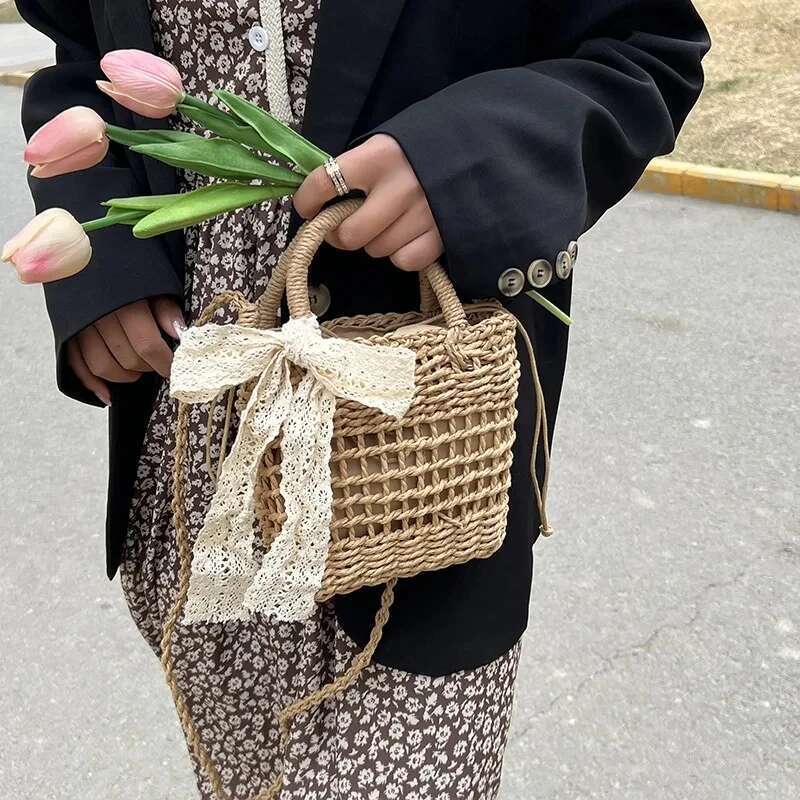 Floral Embroidery Bow Decor Straw Woven Hollow Shoulder Bucket Holiday Beach Summer Crossbody Bag Handbag