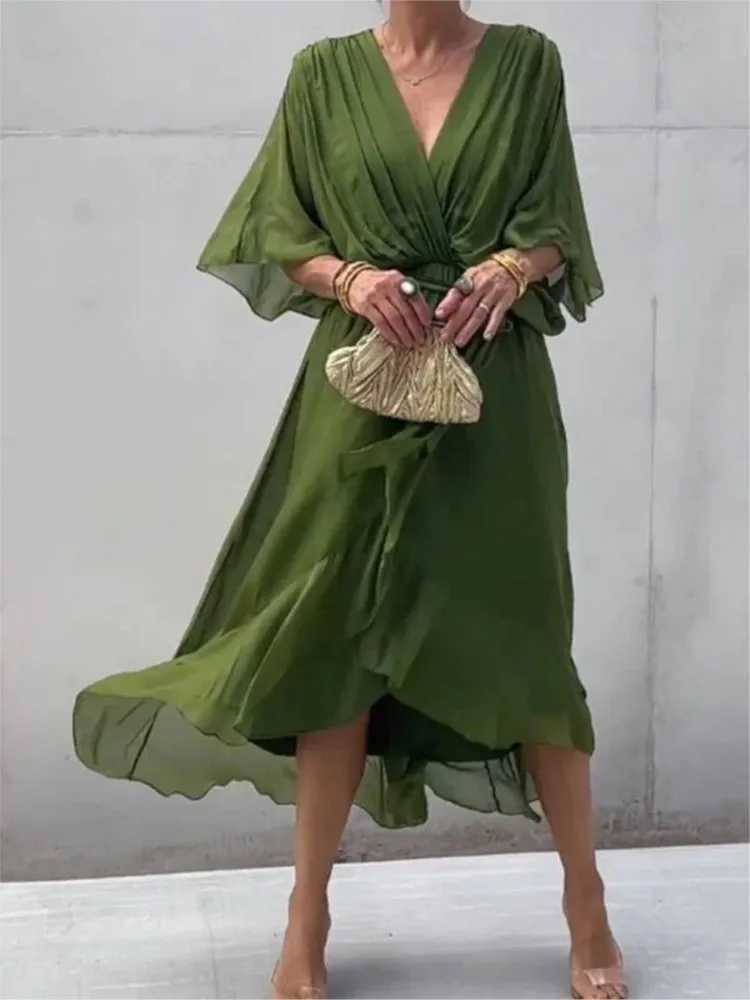 Elegant chiffon solid party dress suitable for women sexy V-neck bat sleeves lace ruffles irregular long dress casual robe W250430