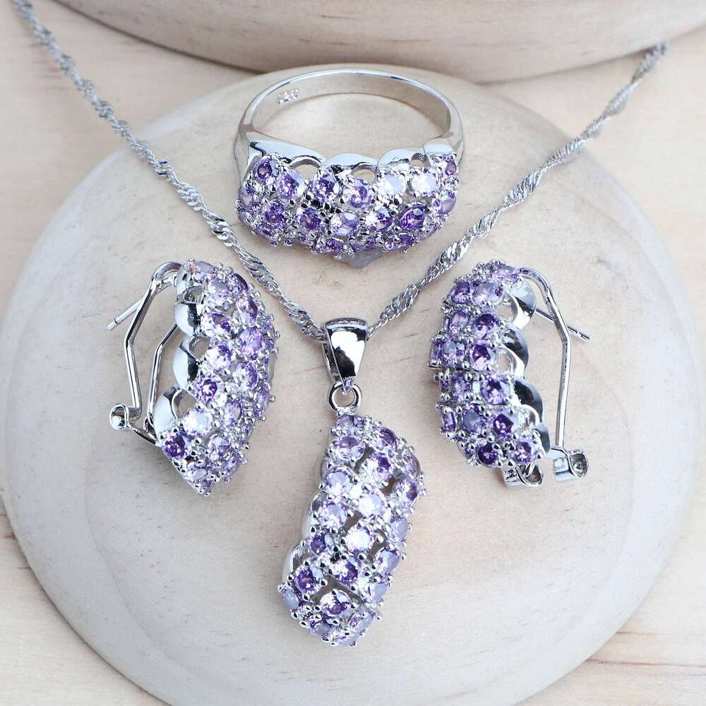 Sier Women Bridal Jewelry Sets Purple Zirconia Fine Costume Jewellery Wedding Earrings Rings Pendant Bracelets Necklace