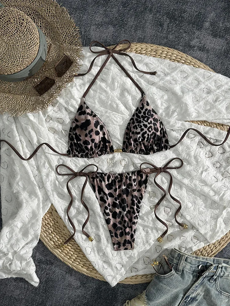2025 Summer Swimwear Bikinis Set Sexy Laced Up Backless Leopard Bikini 2 Piece Set Women Split Waist Beach Vacation Bikini 250428