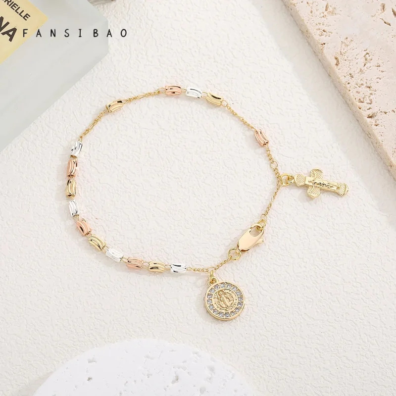 FanSibao Retro Style Virgin Mary Tricolor Prayer Bead Bracelet with Cross Element Womens Fashion Wrist Accessory 250428