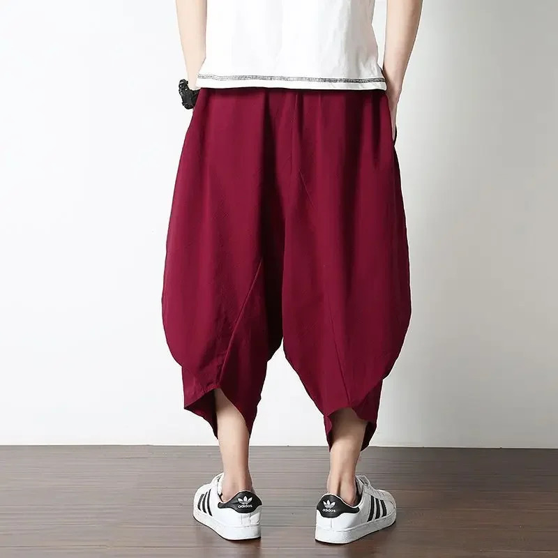 Mens casual linen pants loose in Chinese style suitable for flowers fashionable in summer retro low waist wide leg pants 250427
