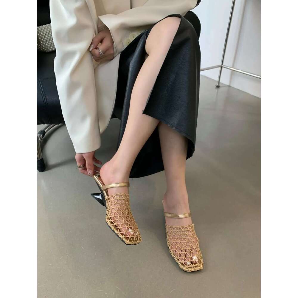 Wedge Heel Hollow Fishnet Shoes Woven Breathable Sandals Sier High Heels Baotou Women's Slipper Elegant Comfortable Lady Mules