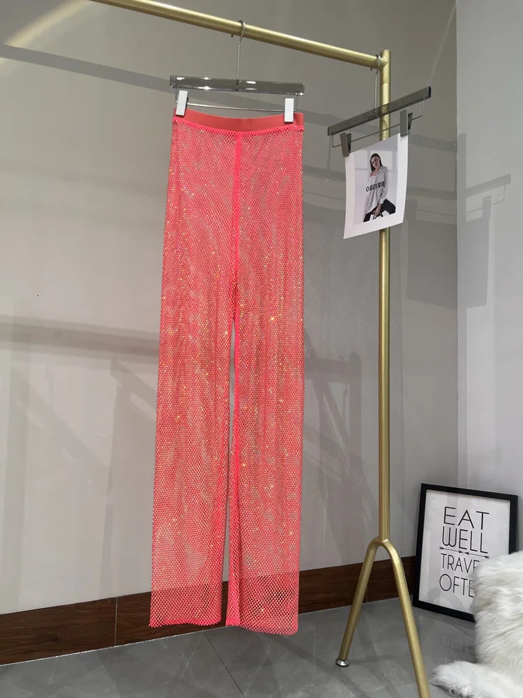 Summer Sexy Hollowed Out European and American Style AB Color Diamond Flash Grid Rhinestone Wide Leg Pants Nightclub 250428