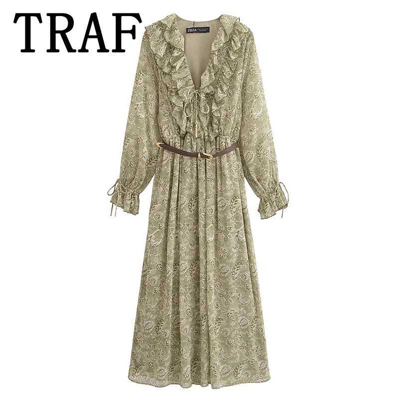TRAF Womens 2025 New Fashionable Printed Elegant Womens Long Sleeve Dress with Midi Dress Womens Party Dress W250430