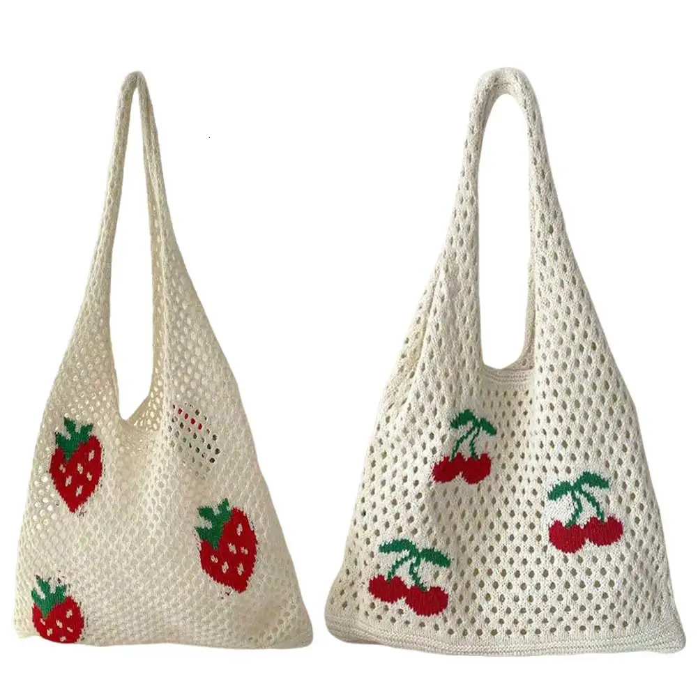 Women Fashion Strawberry Cherry Pattern Crochet Tote Bag Large Capacity Shoulder BagCasual Handbag Cute Trendy Bag Knitting Bag 250428