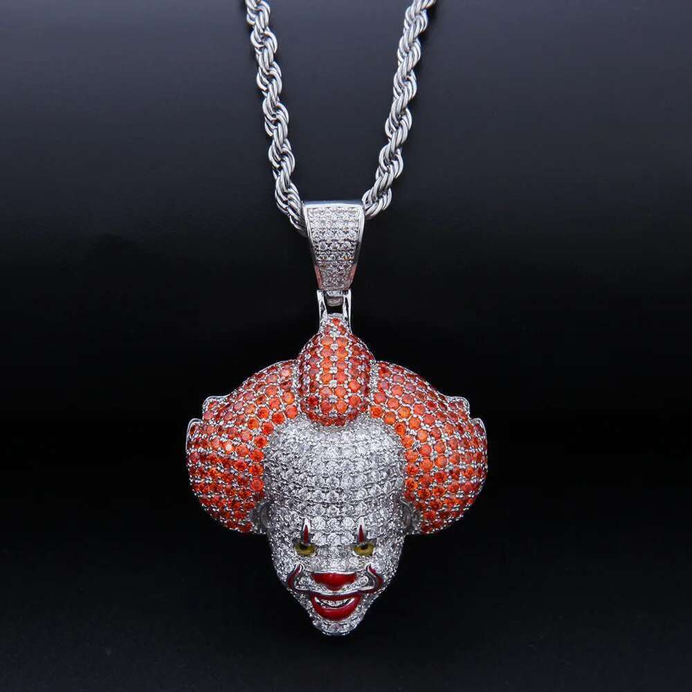Hip-Hop Circus Clown Doll Mask Necklace Set With Zircon Colored Dripping Oil Men's Fashion Pendant Chain Cute Jewelry