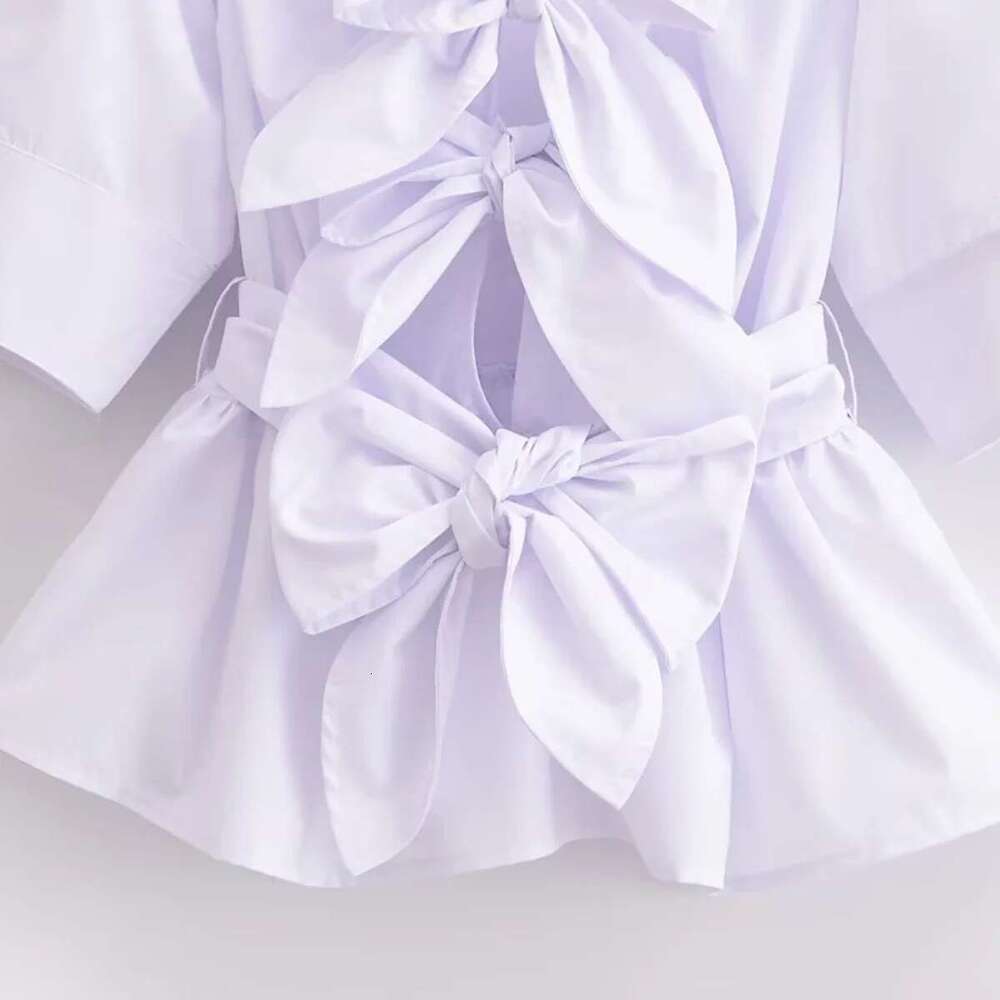 ZBZA Women's Bow-decorated Double-breasted Shirt V-neck Short-sleeved Tie-down Loose Hem T-shirt Spring and Summer New Chic Top